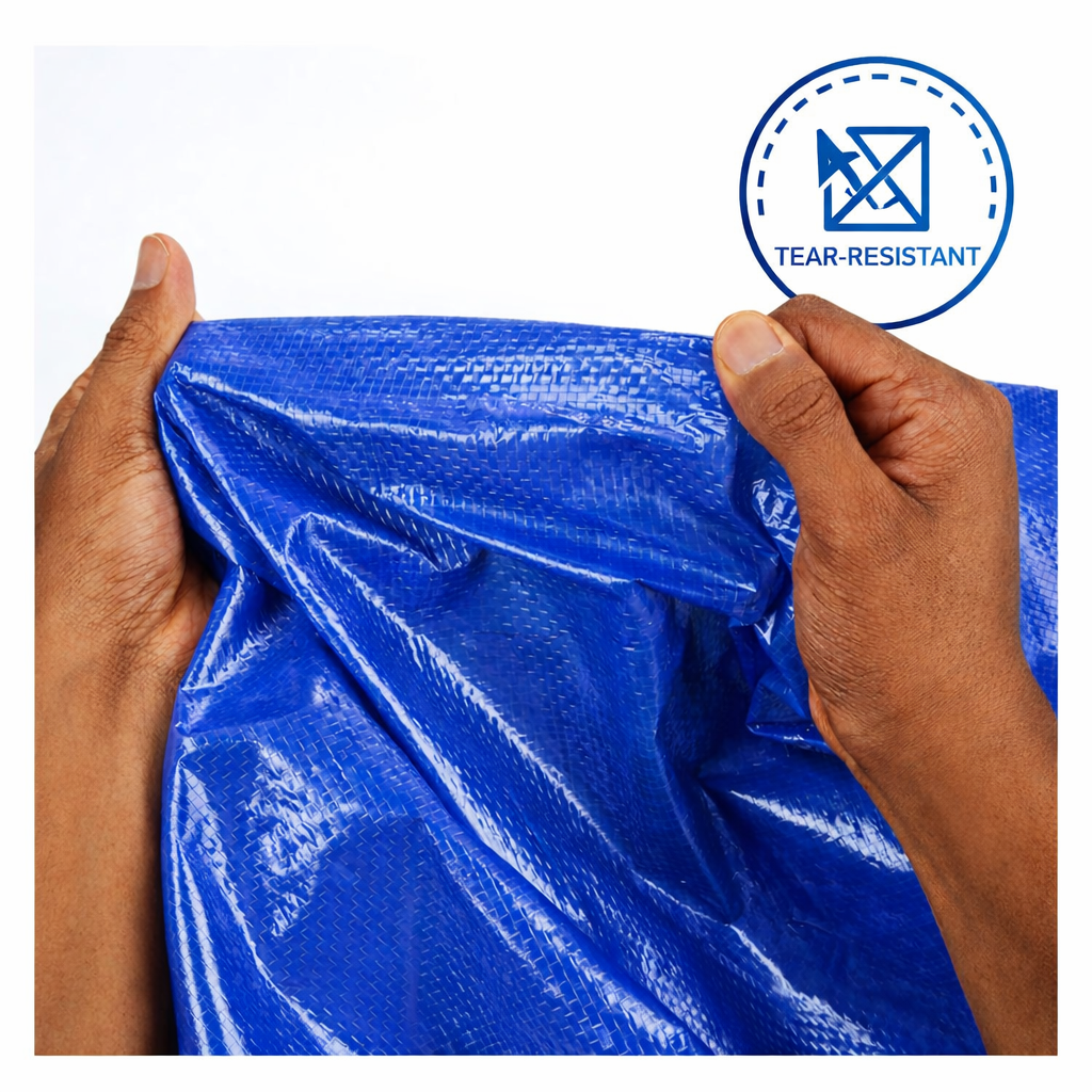 Blue multi-purpose tarp used for construction, roofing, outdoor covering, and equipment protection