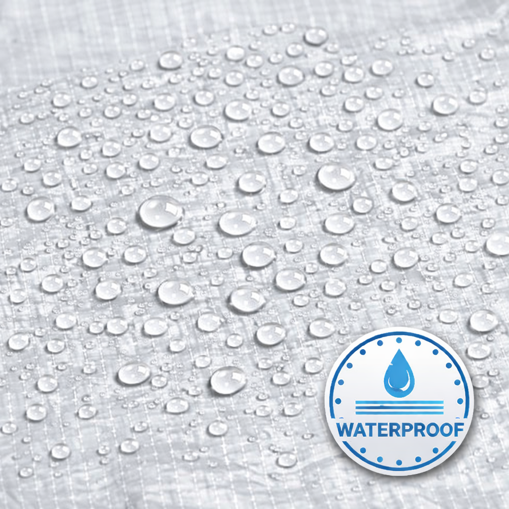 White heavy-duty tarp covering large outdoor equipment and materials