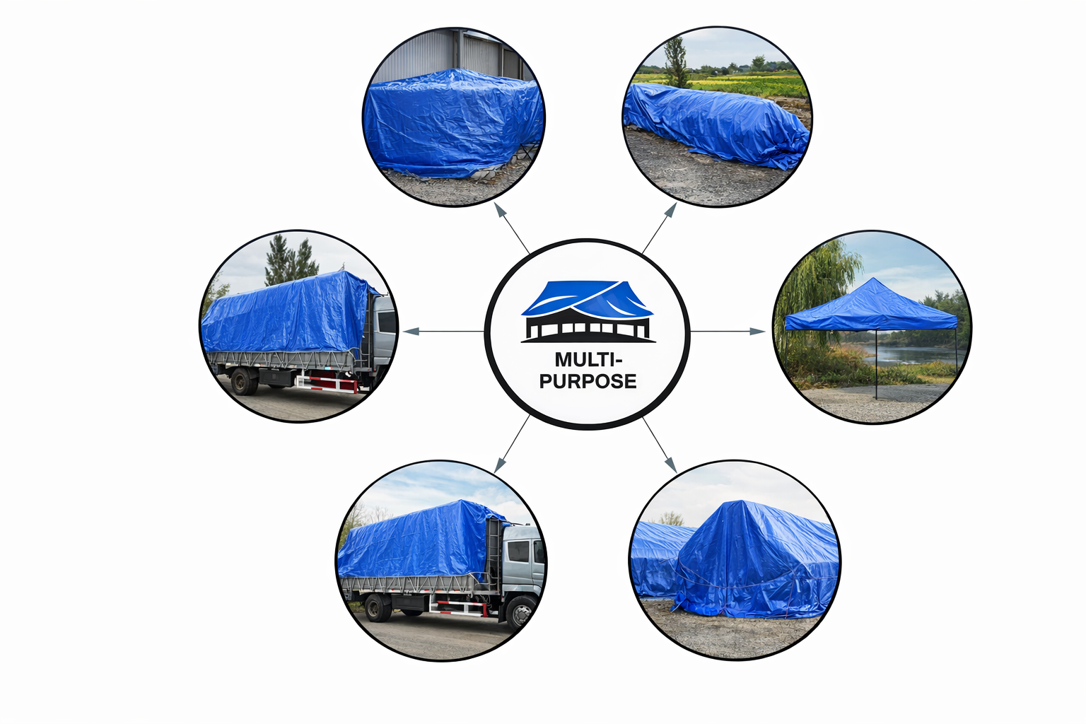 Blue multi-purpose tarp used for construction, roofing, outdoor covering, and equipment protection

