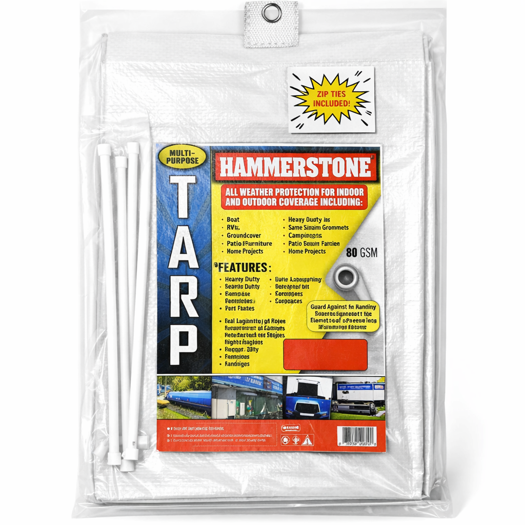 White heavy-duty tarp covering large outdoor equipment and materials
