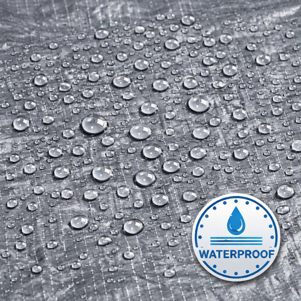 Silver heavy-duty tarp covering large outdoor equipment and materials
