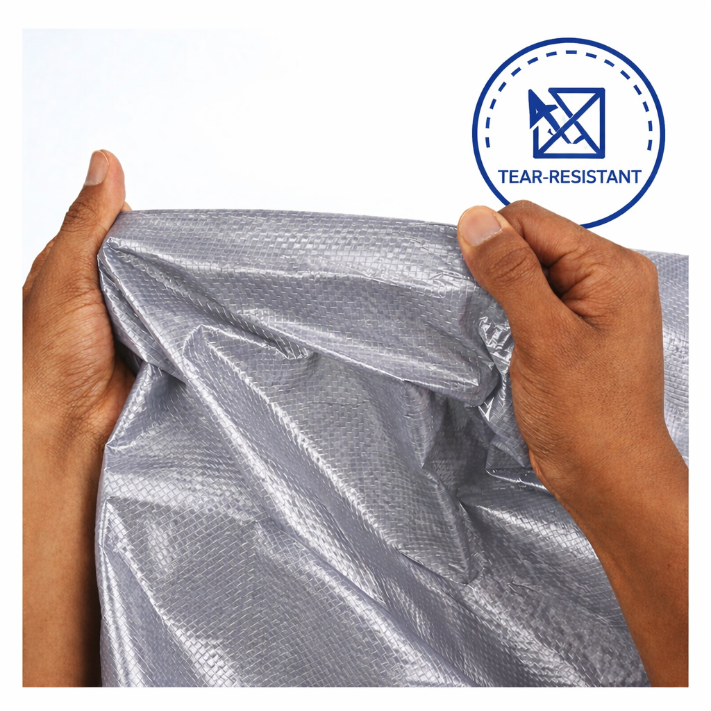 Silver heavy-duty tarp covering large outdoor equipment and materials
